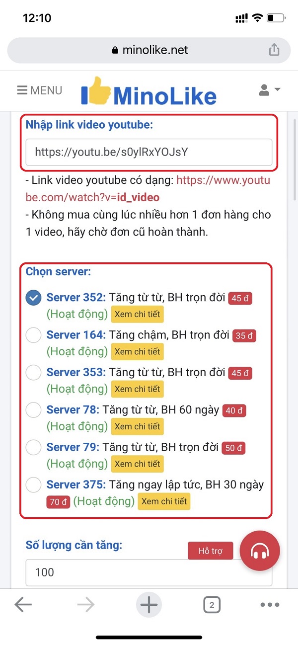 Nhập link videos và chọn server
