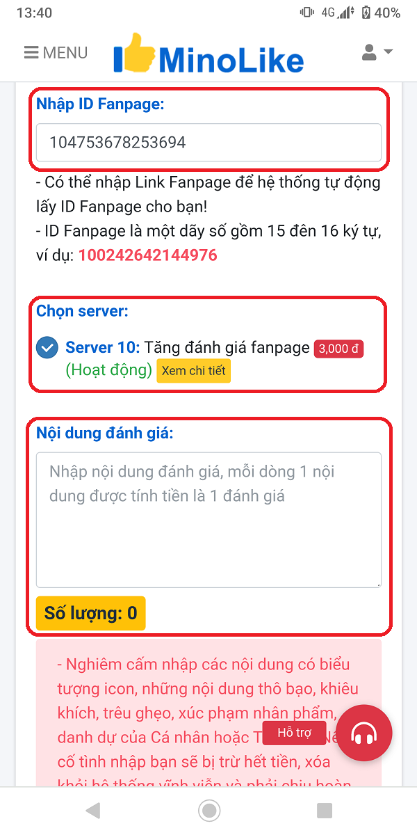 Nhập link và chọn server đánh giá fanpage