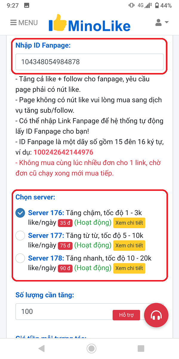 Nhập link và chọn server