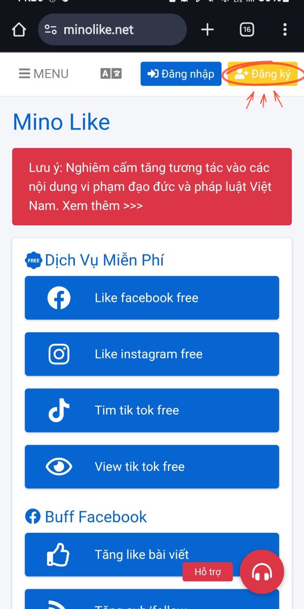 Bấm chọn nút “Đăng Ký”