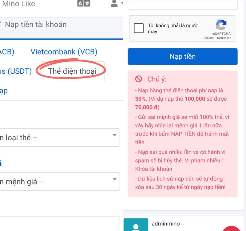 lưu ý khi nạp tiền qua thẻ điện thoại