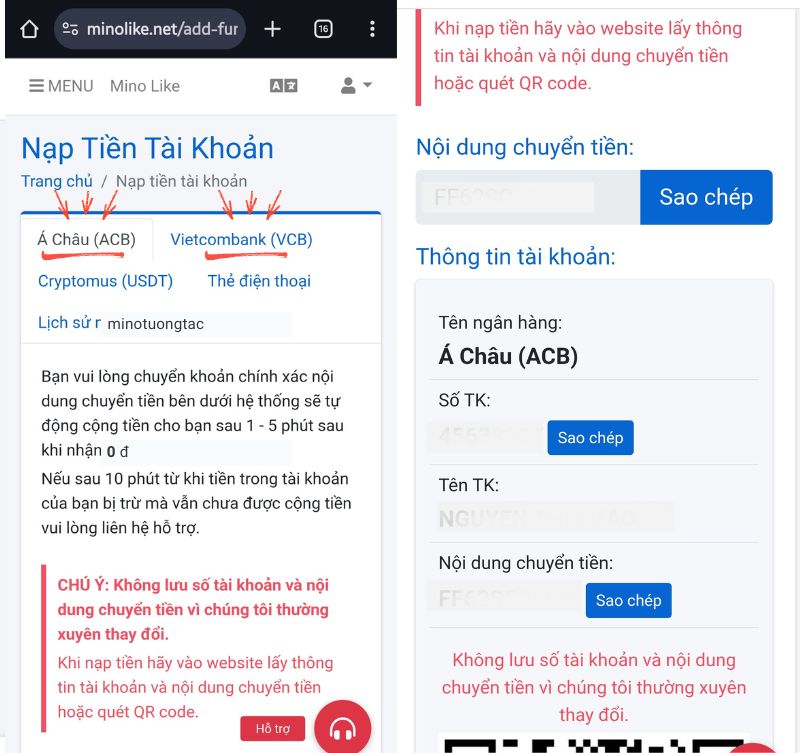 nạp tiền qua tài khoản ngân hàng
