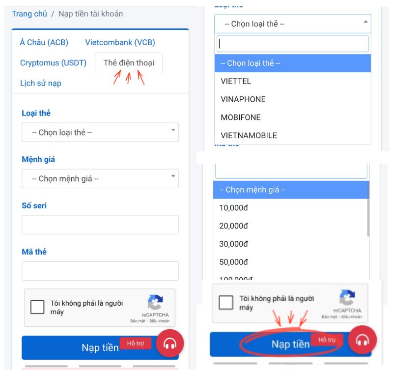 Nạp tiền qua thẻ điện thoại tại minolike
