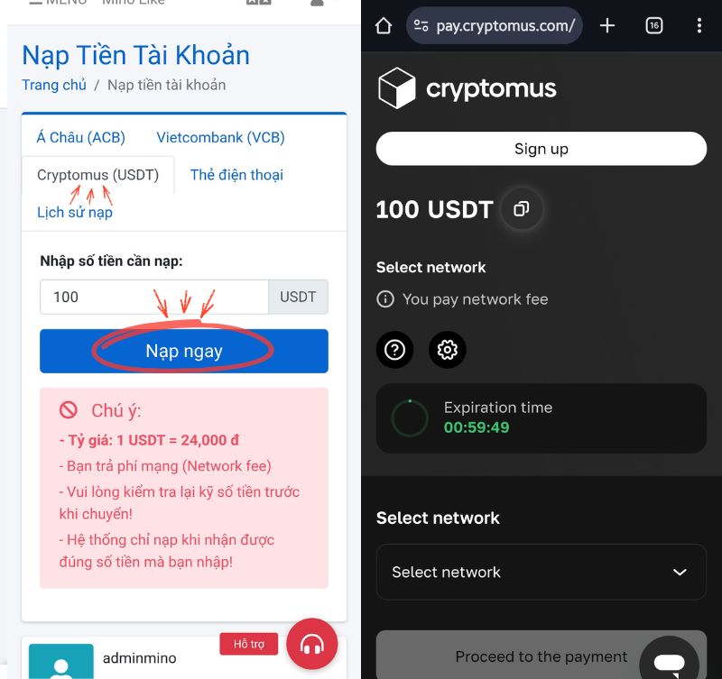 nạp tiền qua ví Crypto