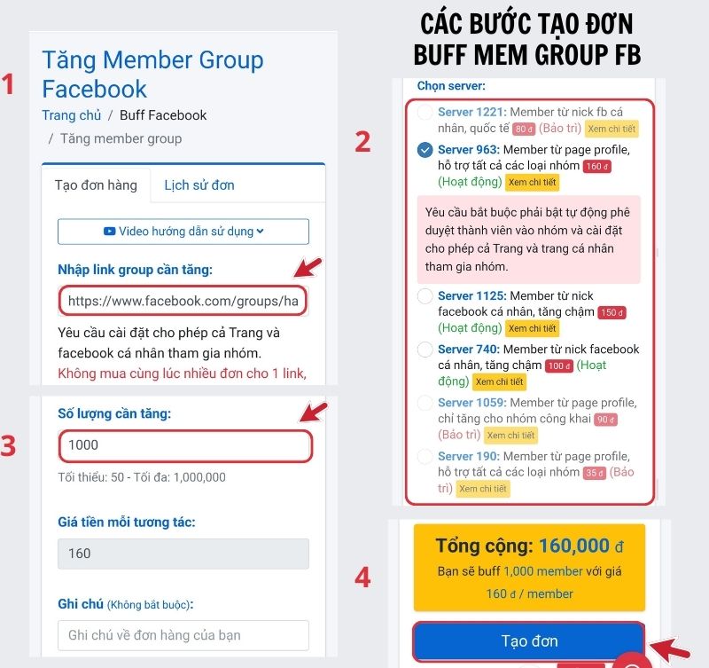 Nhập link, chọn server và chọn tốc độ tăng member group